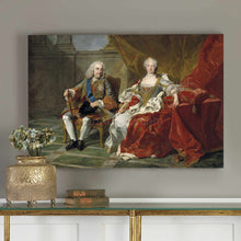 Load image into Gallery viewer, Portrait of an elderly couple dressed in historical royal clothes hangs on a gray wall near a golden vase
