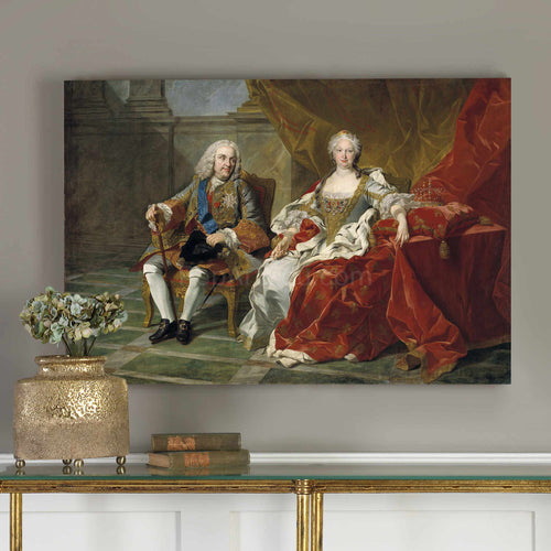 Portrait of an elderly couple dressed in historical royal clothes hangs on a gray wall near a golden vase