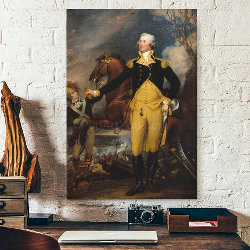 A portrait of a man standing beside a horse dressed in yellow royal attire hangs on the white brick wall above his desk