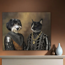 Load image into Gallery viewer, Portrait of a couple of dog and cat with human bodies dressed in black royal clothes hanging on a beige wall near two vases
