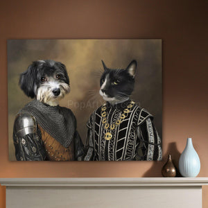 Portrait of a couple of dog and cat with human bodies dressed in black royal clothes hanging on a beige wall near two vases