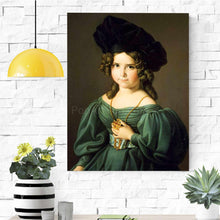 Load image into Gallery viewer, Portrait of a girl dressed in a green royal dress with a black hat hanging on a white brick wall
