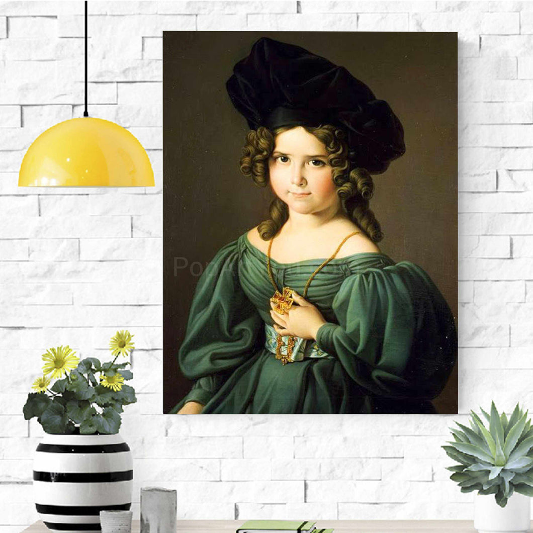 Portrait of a girl dressed in a green royal dress with a black hat hanging on a white brick wall