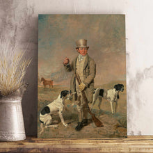 Load image into Gallery viewer, A portrait of a man standing next to two dogs dressed in historical royal clothes stands on a wooden table
