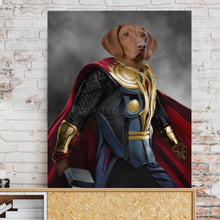 Load image into Gallery viewer, The portrait depicts a dog with a human body dressed in a superhero Thor outfit
