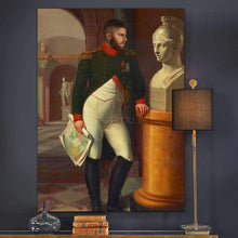 Load image into Gallery viewer, A portrait of a man dressed in historical royal clothes standing near the statue hangs on the blue wall
