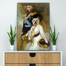 Load image into Gallery viewer, Portrait of a pair of two dogs with human bodies dressed in regal historical clothes stands on a wooden white table
