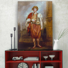 Load image into Gallery viewer, A portrait of a man dressed in renaissance regal attire stands on a red table next to the clock
