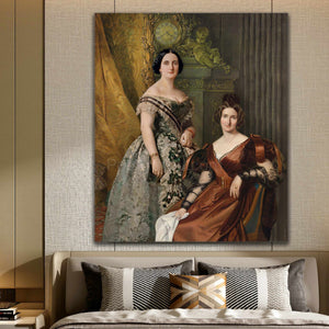 Portrait of two women with dark hair dressed in royal dresses hangs on the beige wall above the bed