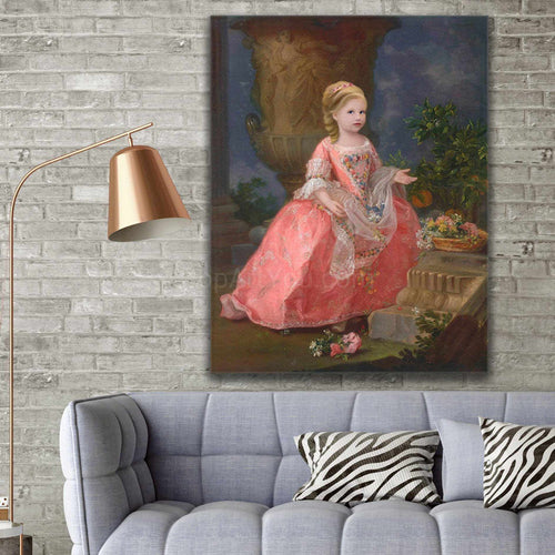 Portrait of a little girl dressed in a pink royal dress hanging on a gray brick wall above the sofa