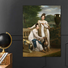 Load image into Gallery viewer, Portrait of two women dressed in royal clothes sitting next to a dog hanging on a dark wall
