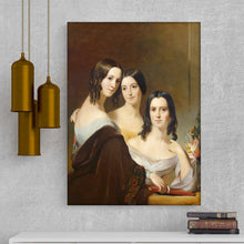 Load image into Gallery viewer, Portrait of three sisters with dark hair dressed in royal clothes hangs on a gray wall
