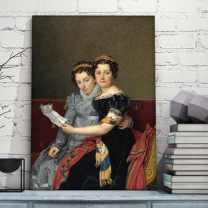 Portrait of two sisters dressed in royal clothes stands on a blue table next to books