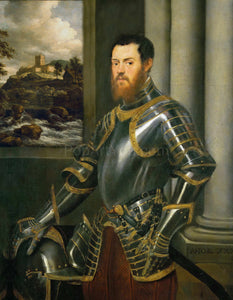 The portrait shows a man standing near the painting dressed in renaissance regal attire