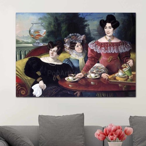 Portrait of three women with dark hair dressed in regal dresses hanging on a white wall above a gray sofa