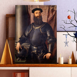 On the table is a portrait of a man dressed in historical royal clothes with armor