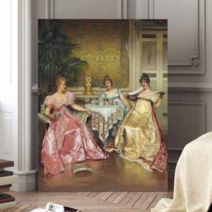 Portrait of three women dressed in historical royal dresses standing on a wooden floor