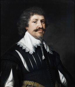 The portrait shows a man with a beard dressed in black regal attire
