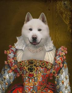 The portrait shows a white female dog with a human body wearing a red regal dress with diamonds