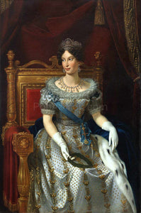 The portrait shows a girl dressed in a royal dress sitting on a golden throne