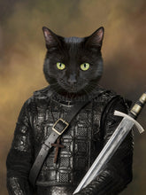 Load image into Gallery viewer, Painting of a black cat in the costume of medieval warrior with a sword 
