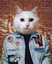 Load image into Gallery viewer, The portrait shows a cat with a human body dressed in jeans
