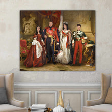 Load image into Gallery viewer, A portrait of a family dressed in red royal attires hangs on a white wall near two armchairs
