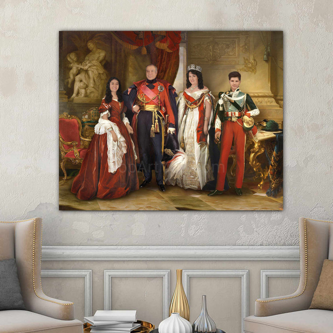A portrait of a family dressed in red royal attires hangs on a white wall near two armchairs