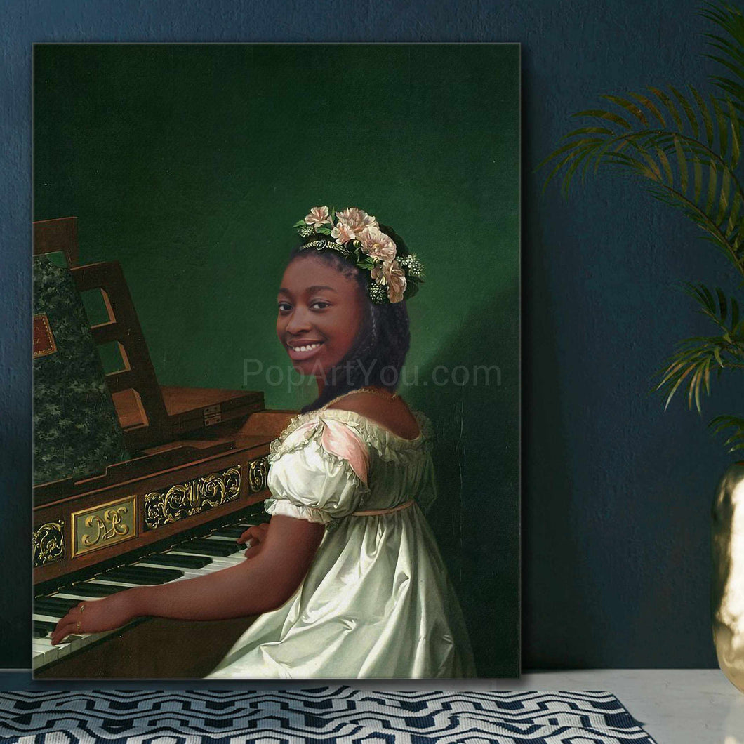 Portrait of a girl dressed in a green royal dress playing the piano stands on a gray table