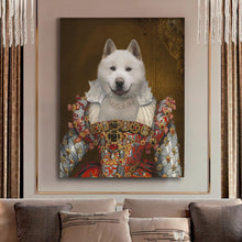 Load image into Gallery viewer, Portrait of a white female dog with a human body dressed in a red royal dress with diamonds hanging on a beige wall above the sofa
