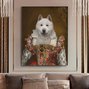 Portrait of a white female dog with a human body dressed in a red royal dress with diamonds hanging on a beige wall above the sofa