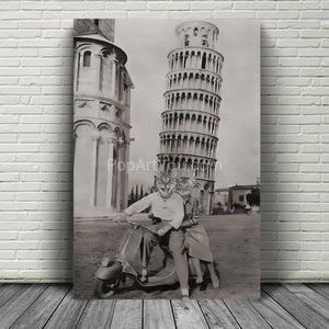 Scooter and the leaning tower of Pisa retro pet portrait