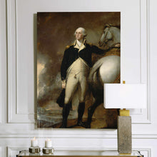 Load image into Gallery viewer, A portrait of a man standing by a horse dressed in historical royal clothes hangs on the white wall near the lamp
