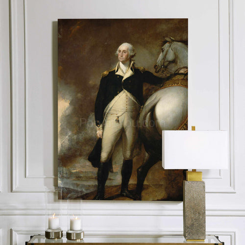 A portrait of a man standing by a horse dressed in historical royal clothes hangs on the white wall near the lamp