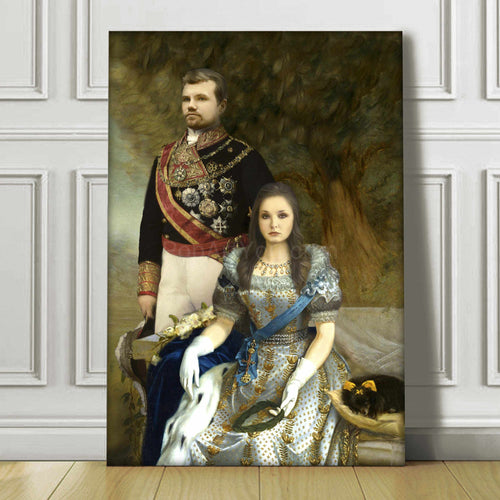 The portrait shows a couple dressed in silver royal clothes sitting near a tree standing on a wooden floor