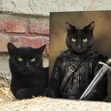 Load image into Gallery viewer, A black cat lies near a portrait of a black cat in a historical warrior costume
