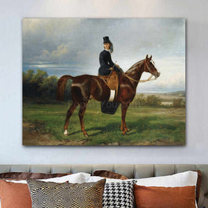 Portrait of a woman riding a horse wearing a black royal dress hangs on the white wall above the sofa