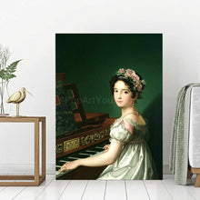 Load image into Gallery viewer, Portrait of a girl dressed in a green regal dress playing the piano stands on a white wooden floor

