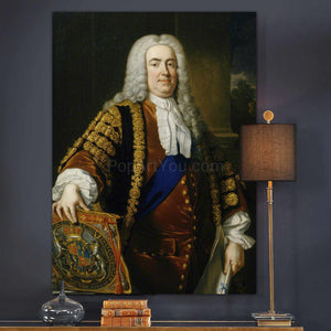 A portrait of a man with long white hair dressed in historical royal clothes hangs on the blue wall next to three books