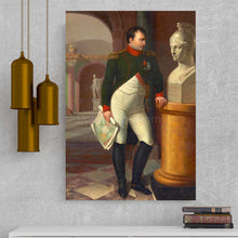Load image into Gallery viewer, A portrait of a man dressed in renaissance regal attire standing near the statue hangs on the white wall above the books
