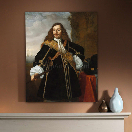 A portrait of a man with long hair dressed in historical royal clothes hangs on the beige wall above a white table
