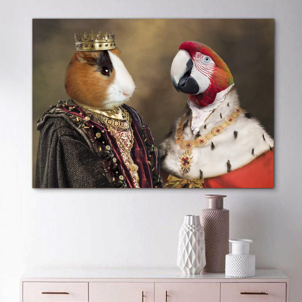 Portrait of a couple of hamster and parrot with human bodies dressed in historical regal attires hanging on a white wall