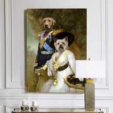 Load image into Gallery viewer, Portrait of a pair of two dogs with human bodies dressed in regal historical attires hangs on a white wall near two candles and a lamp
