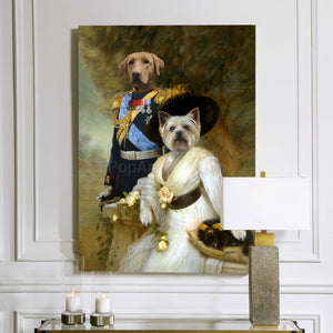 Portrait of a pair of two dogs with human bodies dressed in regal historical attires hangs on a white wall near two candles and a lamp