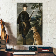 Load image into Gallery viewer, A portrait of a man standing next to a dog dressed in black royal clothes with a hat hangs on the white brick wall above the work desk
