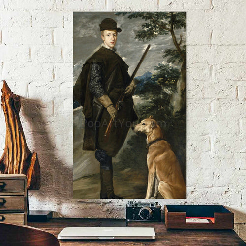 A portrait of a man standing next to a dog dressed in black royal clothes with a hat hangs on the white brick wall above the work desk
