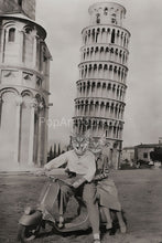 Load image into Gallery viewer, Scooter and the leaning tower of Pisa retro pet portrait

