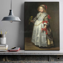 Load image into Gallery viewer, Portrait of a girl dressed in historical regal attire holding a parrot stands on a gray shelf near books
