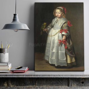 Portrait of a girl dressed in historical regal attire holding a parrot stands on a gray shelf near books