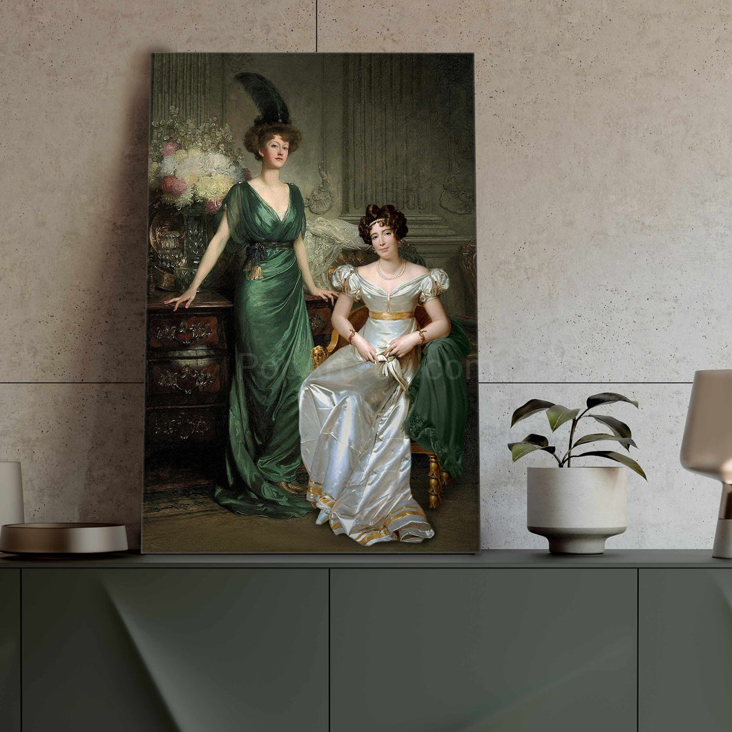 Portrait of two women with dark hair dressed in green and white dresses standing on a green table next to a pot